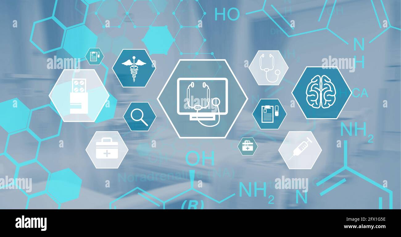 Composizione della rete di icone mediche in ospedale Foto Stock