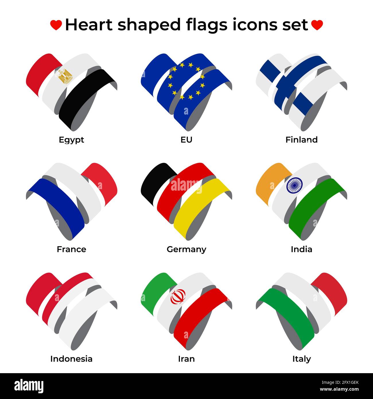 Set di icone di bandiere a forma di cuore. Flag icona da ricci nastro. Icona vettore, simbolo, pulsante. Illustrazione in stile piatto Illustrazione Vettoriale