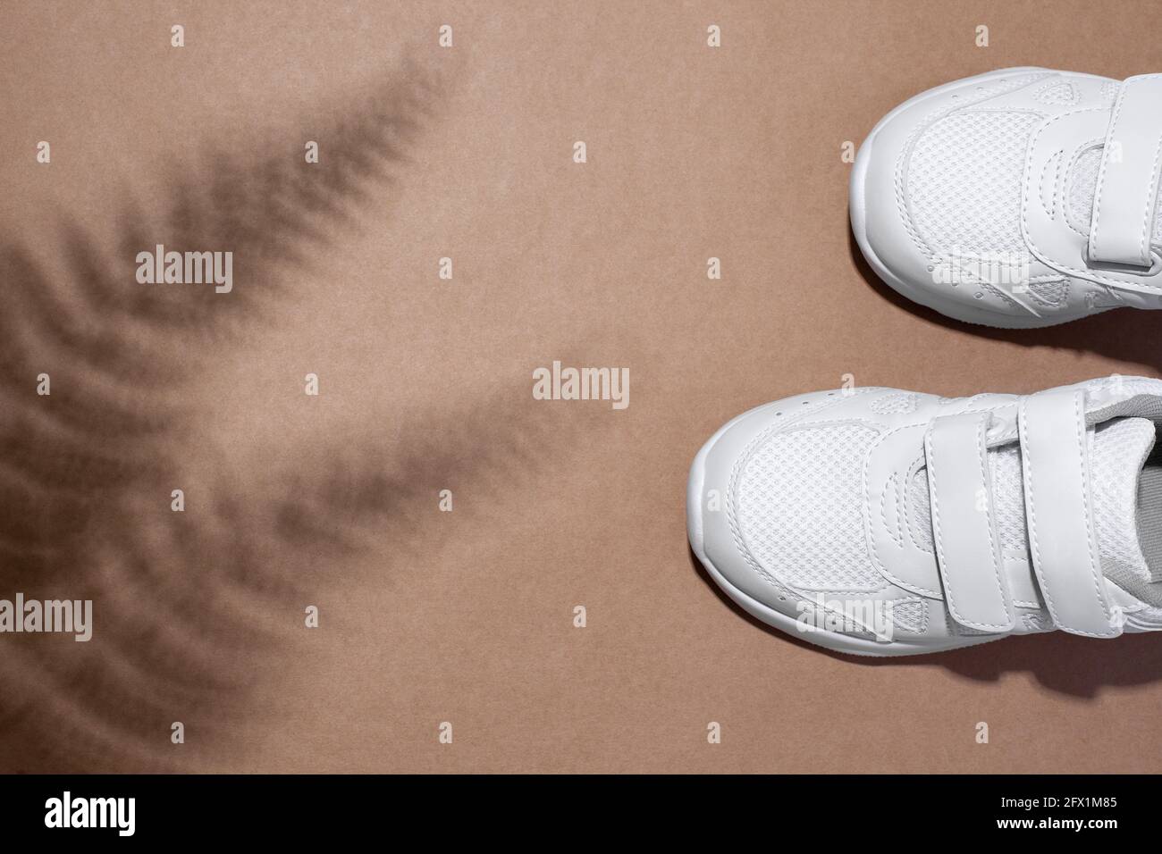 scarpe da ginnastica per bambini bianche con chiusura in velcro con fern o  palme ombre isolate su un mestiere beige sfondo della carta Foto stock -  Alamy