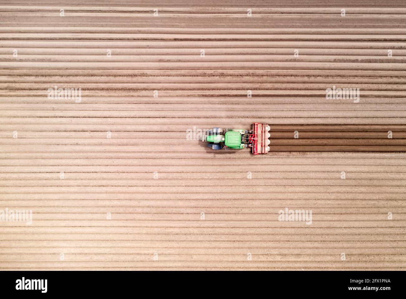 Trattore solitario su campo agricolo con file di terreno arato. Campi agricoli preparati per piantare raccolti, vista dall'alto. Concetto di agricoltura industriale. Fotografia drone Foto Stock