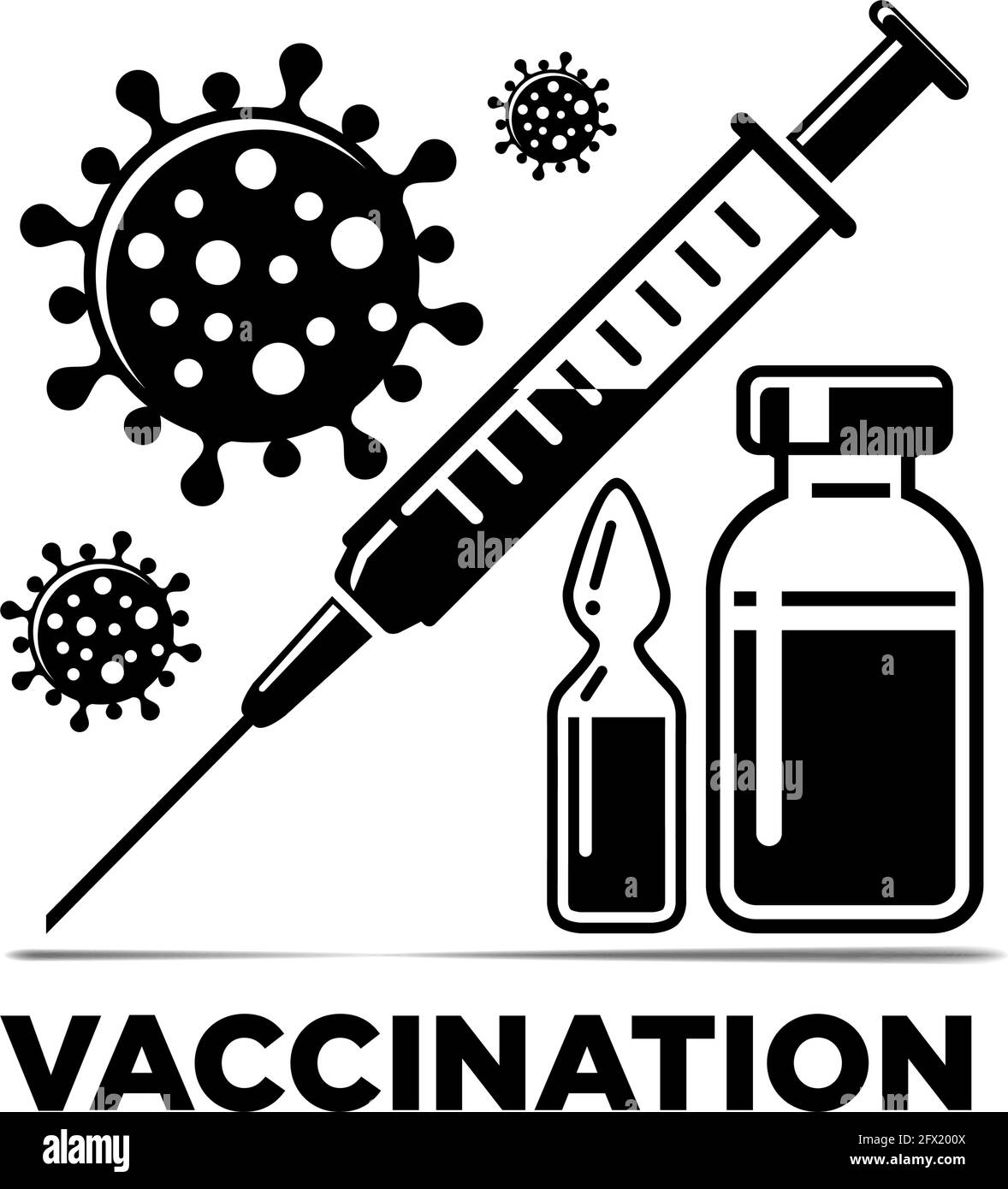 Icona tempo di vaccinazione COVID. Illustrazione vettoriale con siringa, flacone e flaconcino con vaccino e virus. Illustrazione Vettoriale