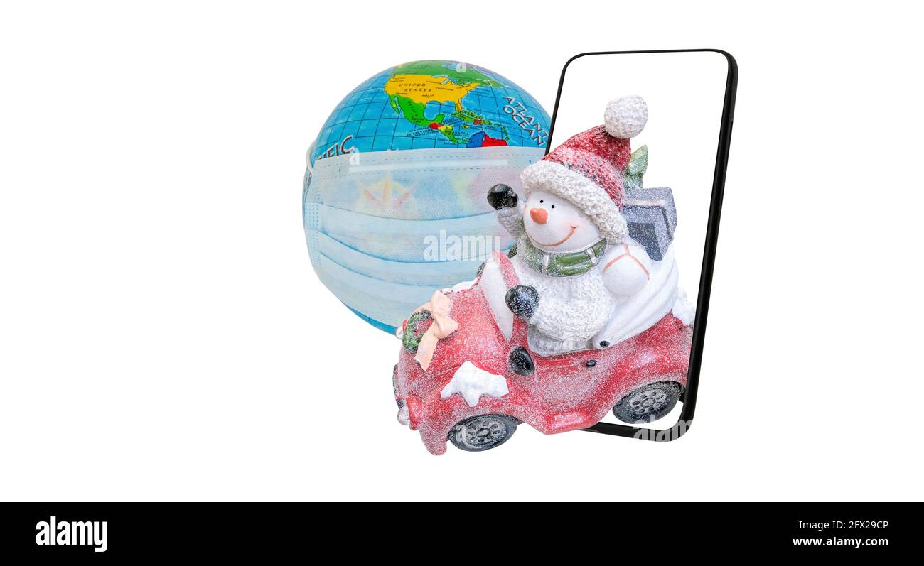 Shopping online, banner Capodanno e Natale pianeta Terra con maschera protettiva e pupazzo di neve, concetto di web page design di shopping via telefono cellulare Foto Stock