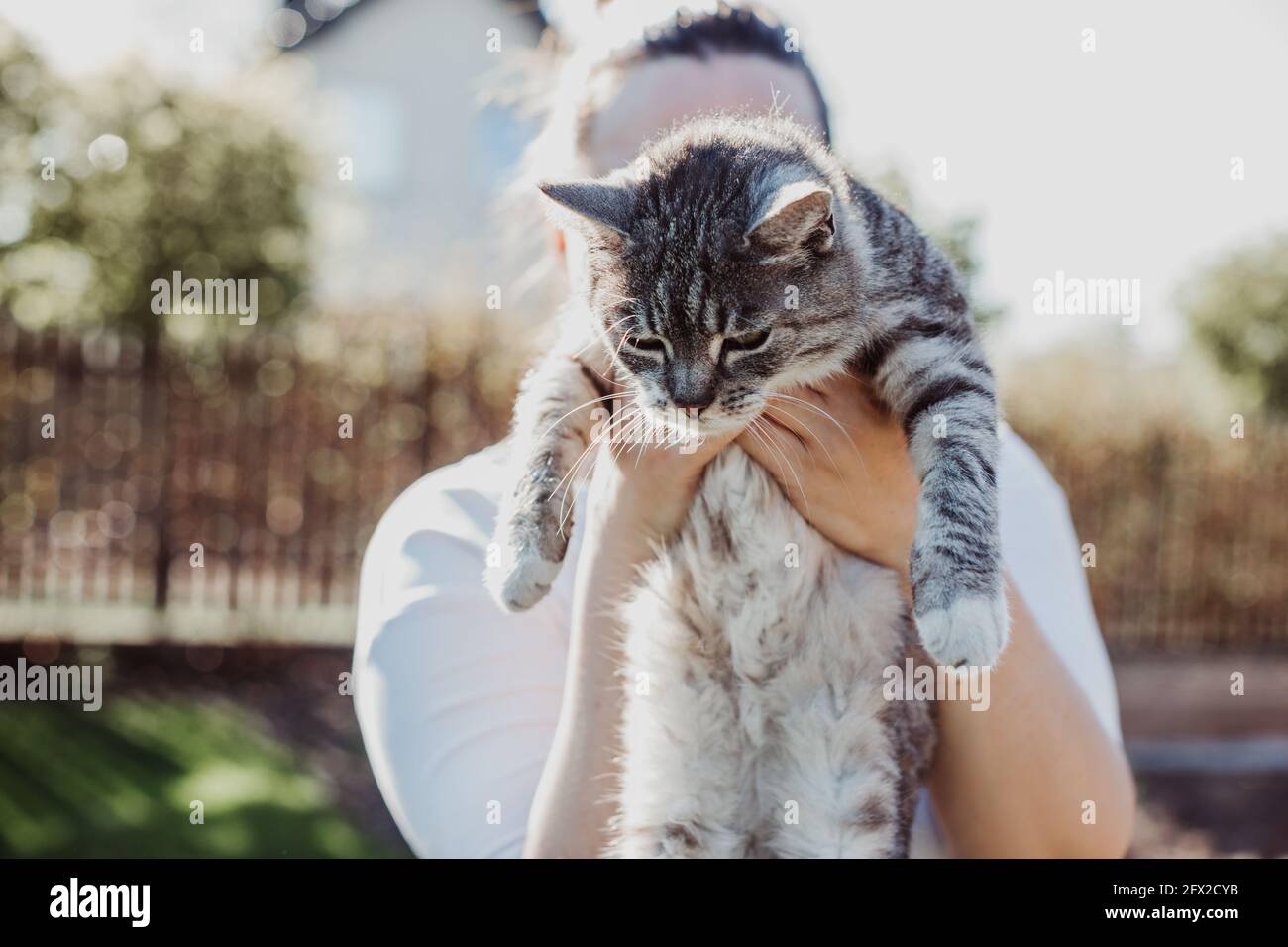 Donna ha alzato il gatto alto e gioca con lui, godendo la giornata di sole Foto Stock