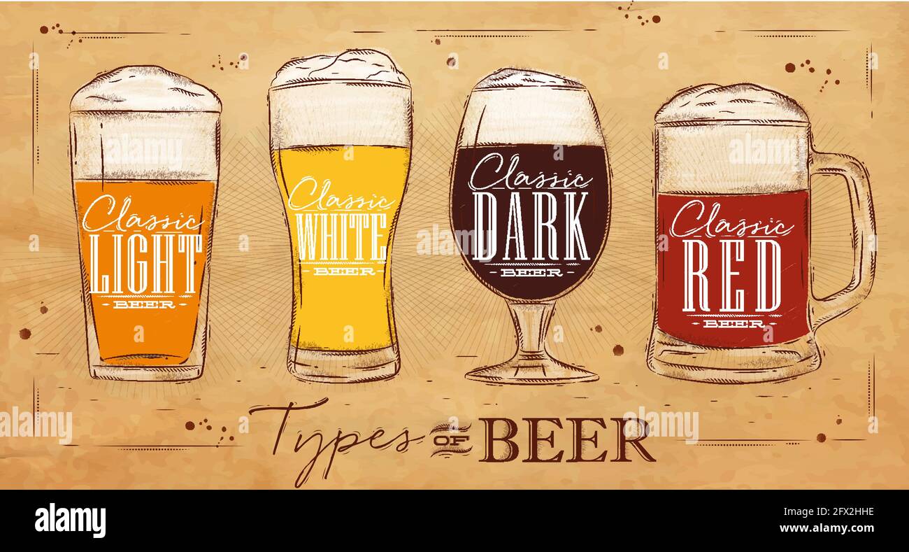 Tipi di birra a poster con quattro tipi principali di birra con scritta classica chiara, classica bianca, classica scura, classica birra rossa con disegno in vintag Illustrazione Vettoriale