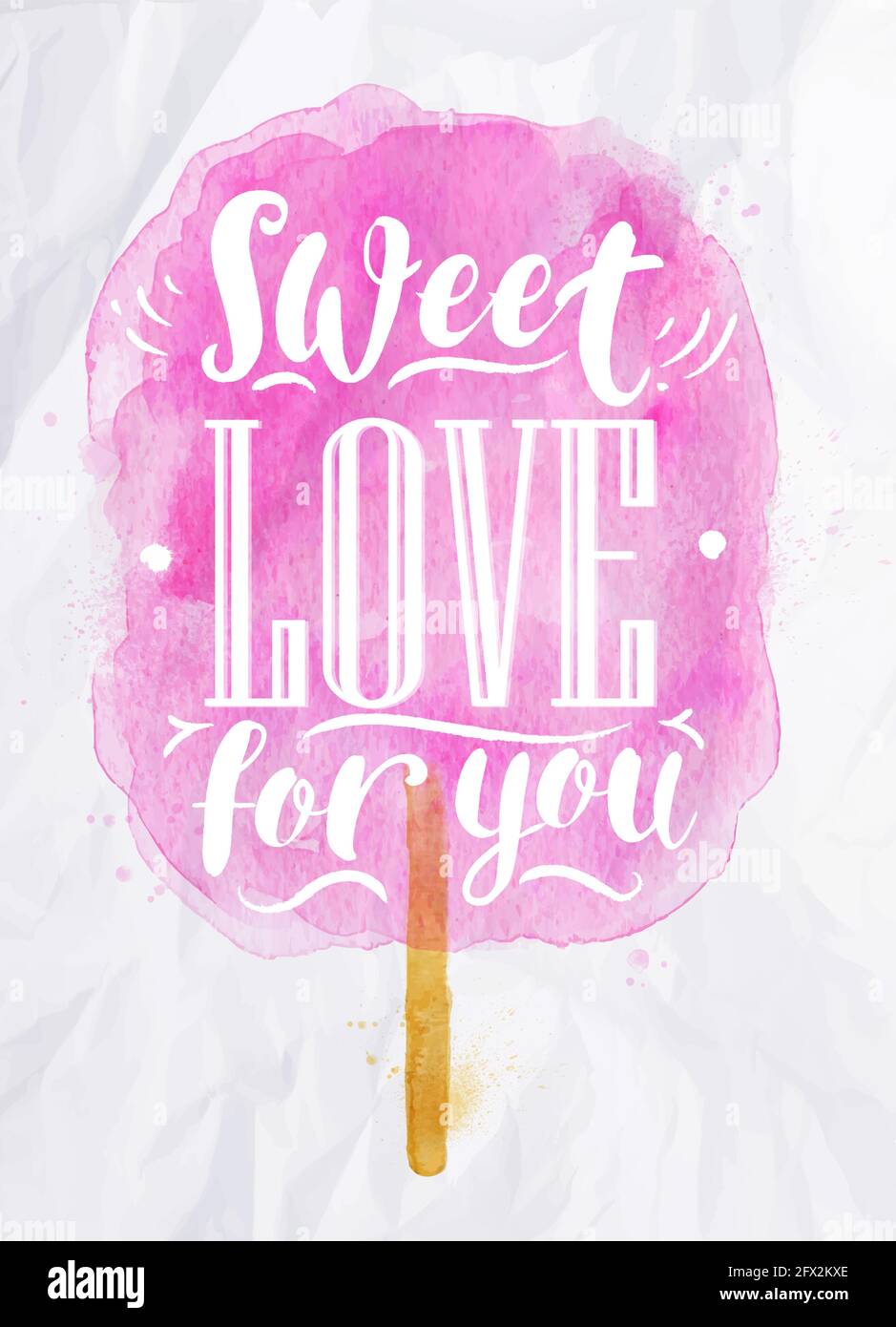 Poster watercolor cotone caramella scritta dolce amore per voi disegno in rosa su carta sgualcita Illustrazione Vettoriale