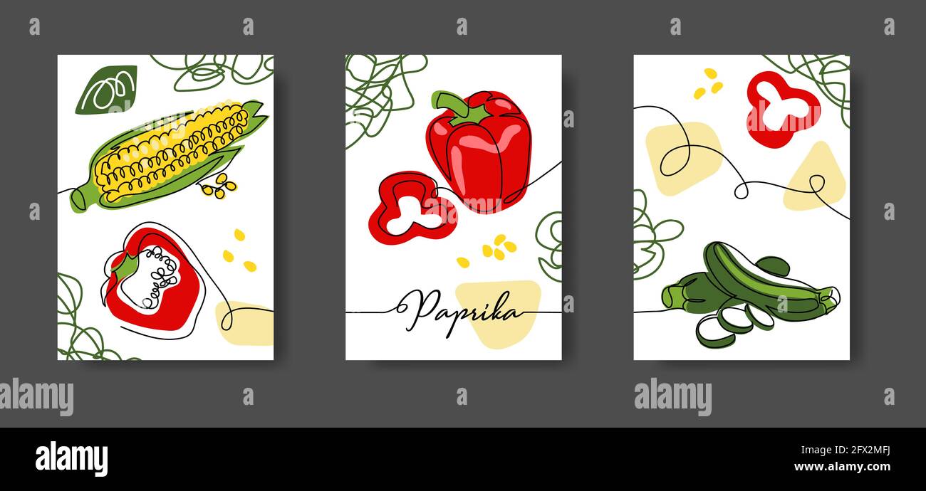 Decorazione artistica della linea di pareti di verdure messicane, poster. Serie di illustrazioni vettoriali. Un disegno di linea continuo di verdure paprika, mais, zucchine Illustrazione Vettoriale