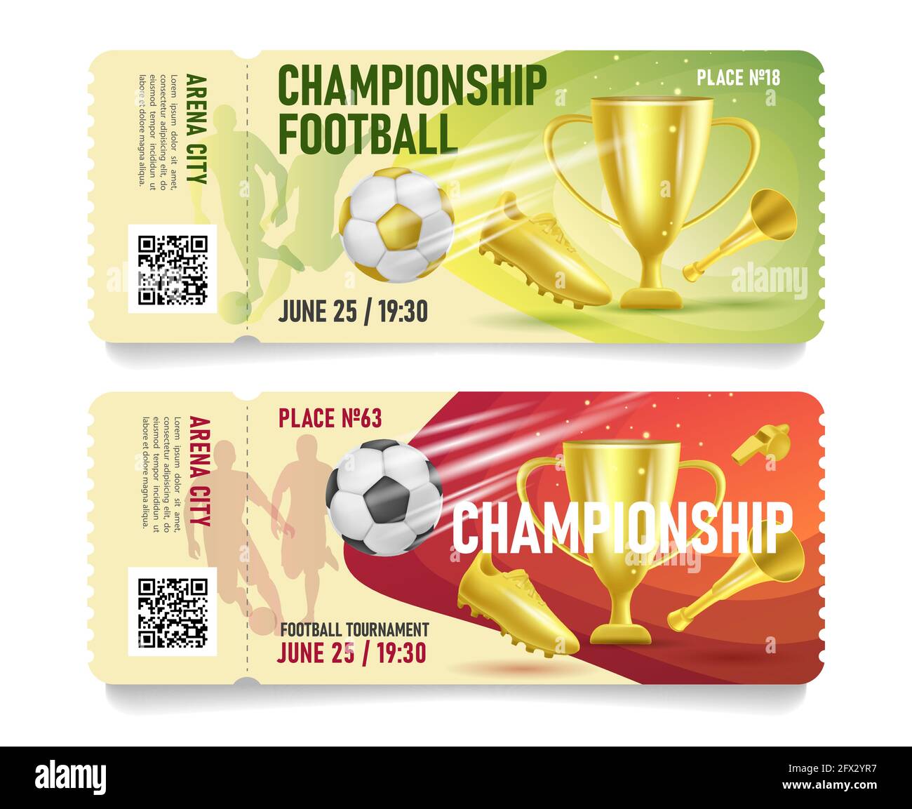 Serie di biglietti d'ingresso per la partita di calcio o buoni regalo con stivale da coppa d'oro e illustrazione 3d del corno Illustrazione Vettoriale