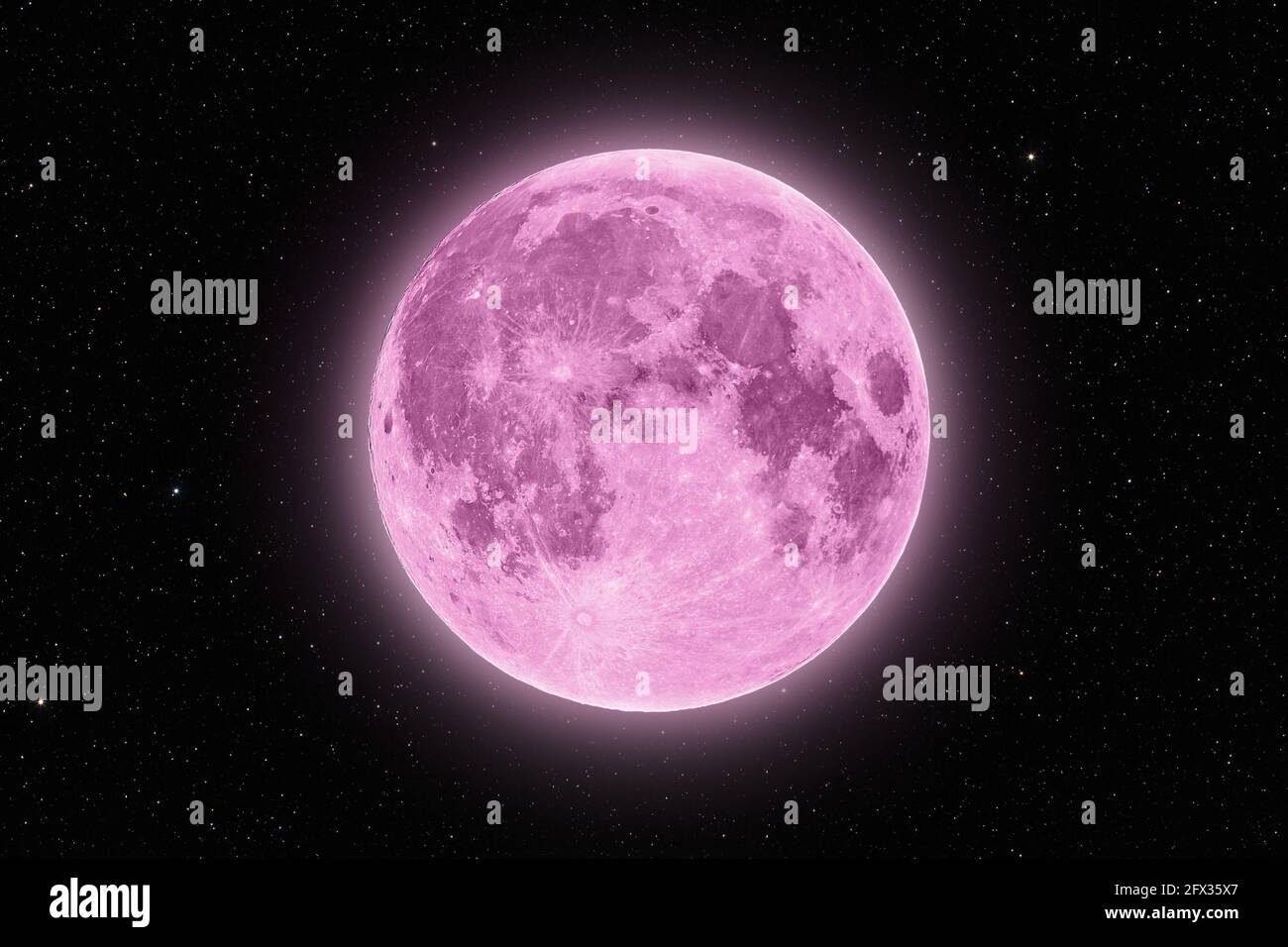 Alone di superluna rosa pieno illuminato circondato da stelle su nero cielo di notte sfondo Foto Stock
