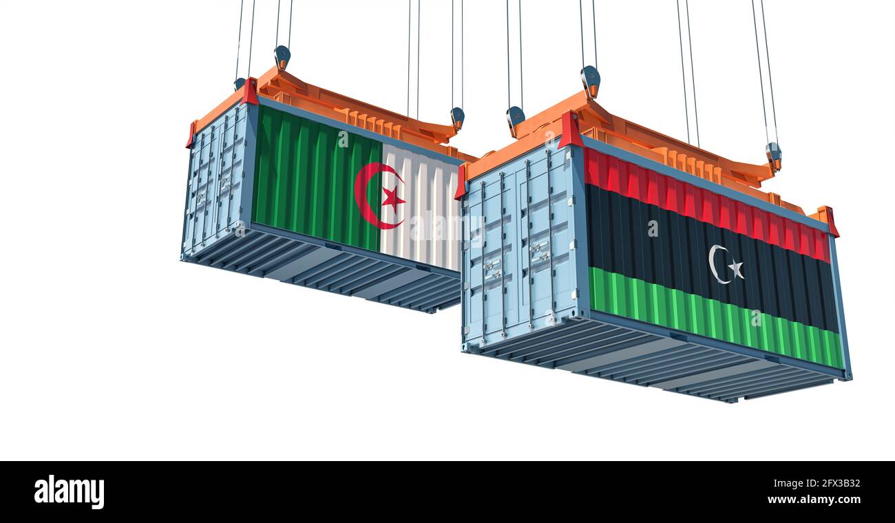 Due container con bandiera nazionale algerina e libica. Rendering 3D Foto Stock