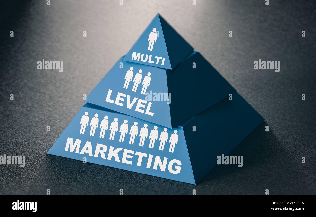 Illustrazione 3D di uno sheme piramidale su sfondo nero. Concetto di marketing multilivello. Foto Stock