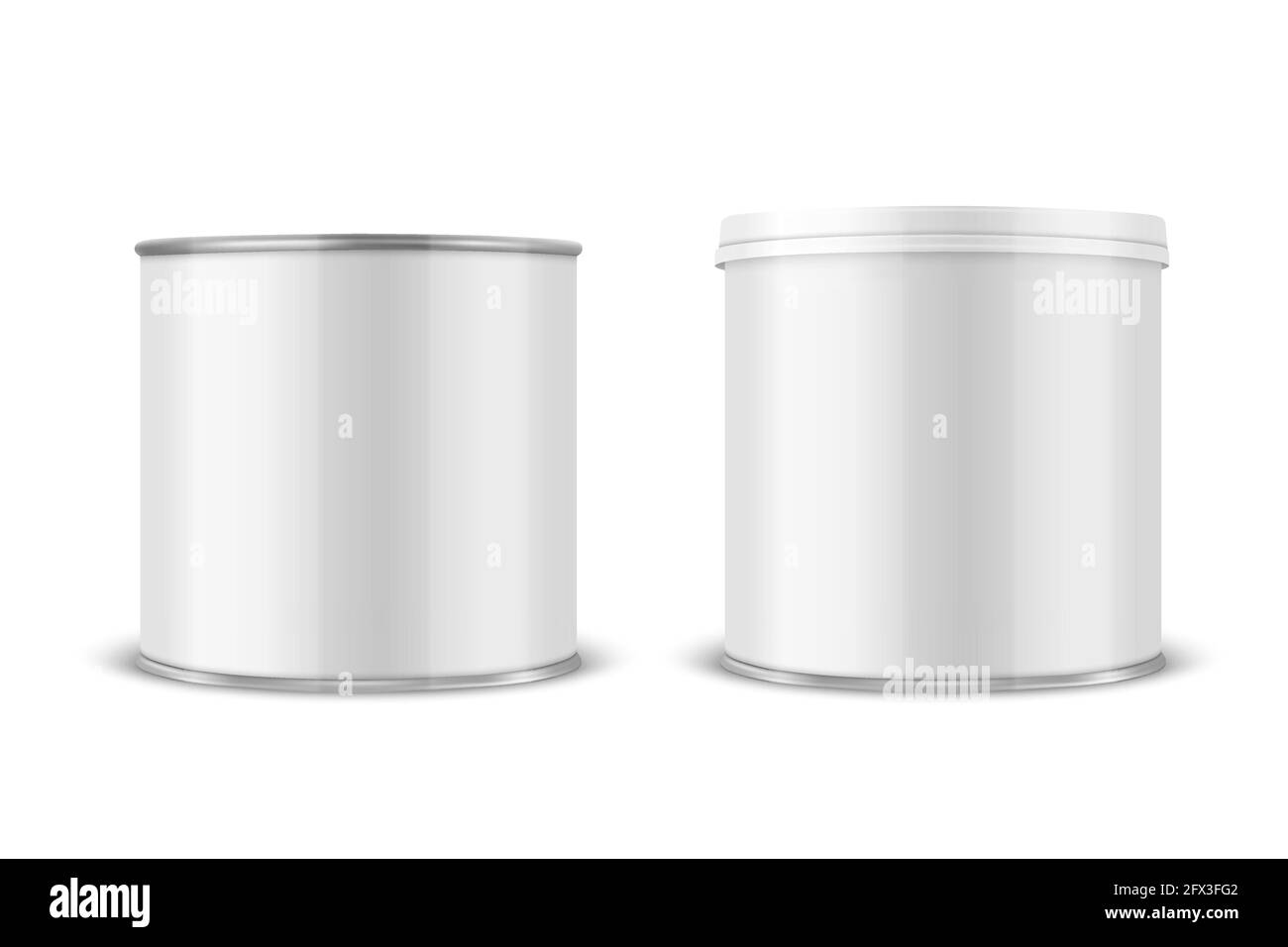 Vector 3d Realistic Blank Tin metallo bianco lucido, alimenti in scatola, patatine confezionamento con coperchio isolato su sfondo bianco. Di piccole dimensioni Illustrazione Vettoriale