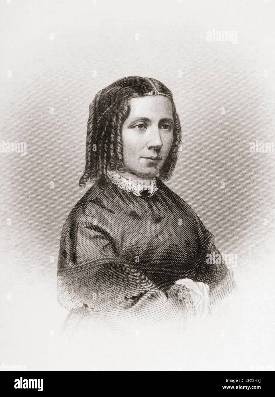 Harriet Elisabeth Beecher Stowe, 1811 - 1896. Abolizionista e autore americano. È famosa per il suo romanzo antislavery più venduto Uncle Tom's Cabin, originariamente pubblicato come serie nel giornale The National era durante il 1851 - 1852 prima di apparire in forma di libro dopo la serializzazione era terminata. Dopo un ritratto pubblicato da Alden, Beardsley & Co nel 1854, subito dopo il successo del suo romanzo. Foto Stock