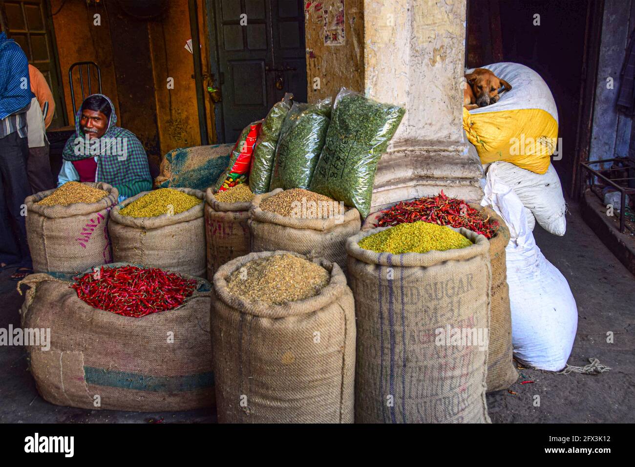 Khari Baoli, vivace commercio all'ingrosso Indian Spice Market, Vecchia Delhi, India Foto Stock