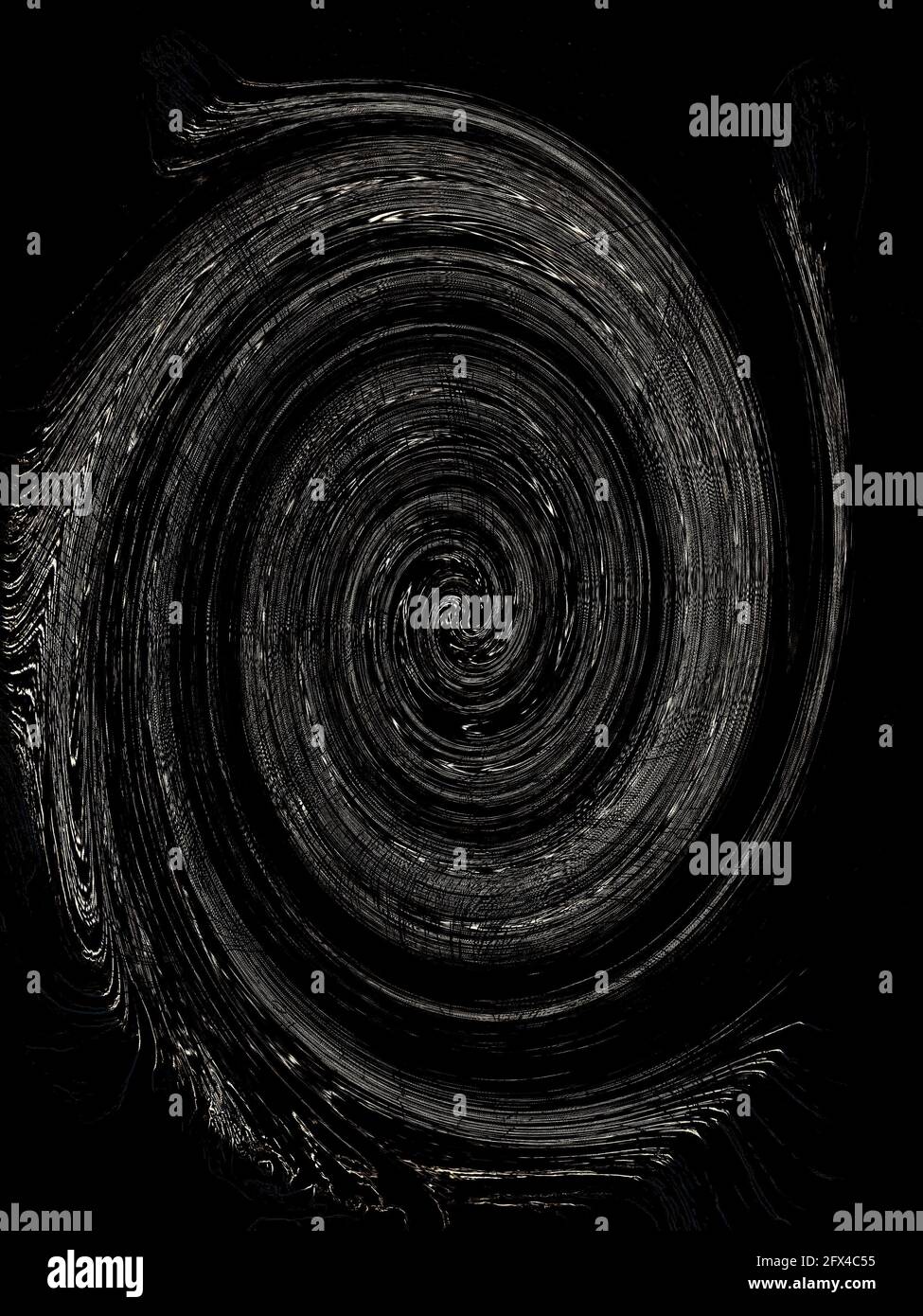 Illustrazione di una linea concentrica bianca che si trasforma in un vortice su uno sfondo scuro. Foto Stock