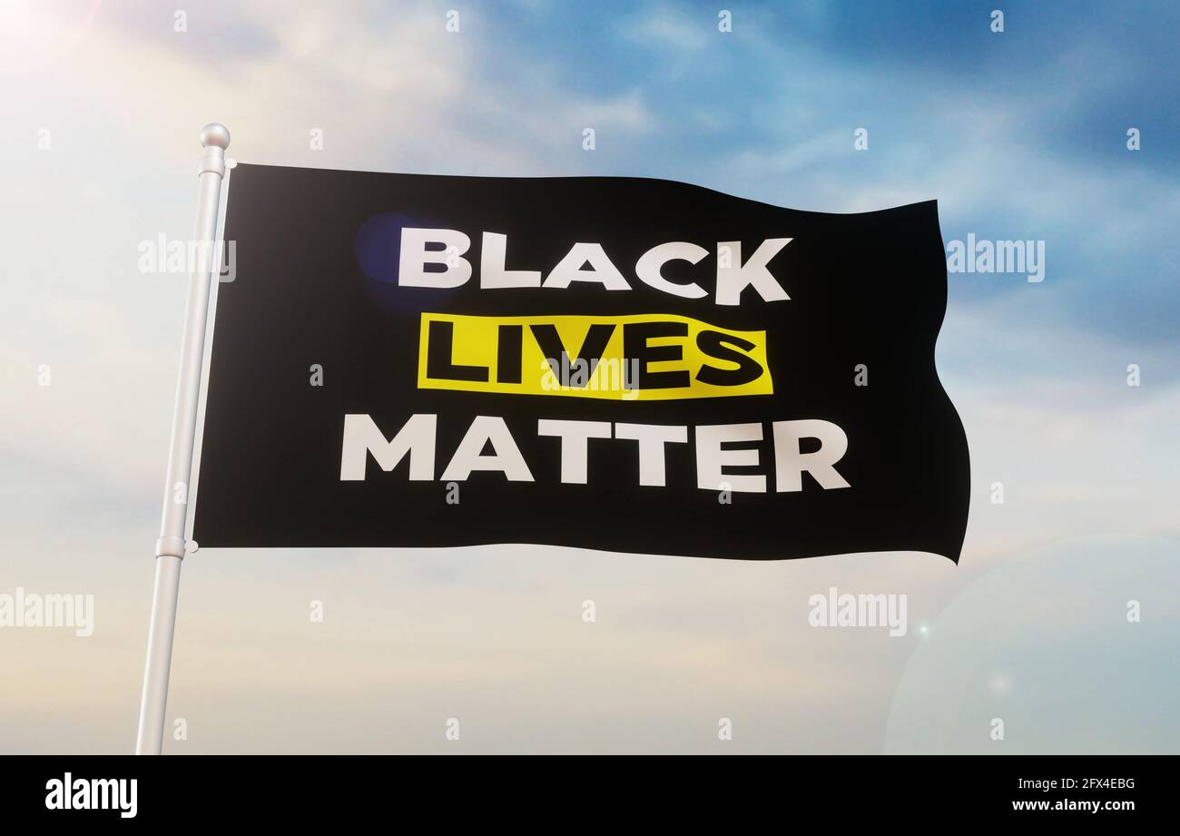 Black Lives Matter 3D rendering sfondo con una bandiera nera che oscilla in alto in un cielo. Astratto ultimo concetto di sfondo Foto Stock