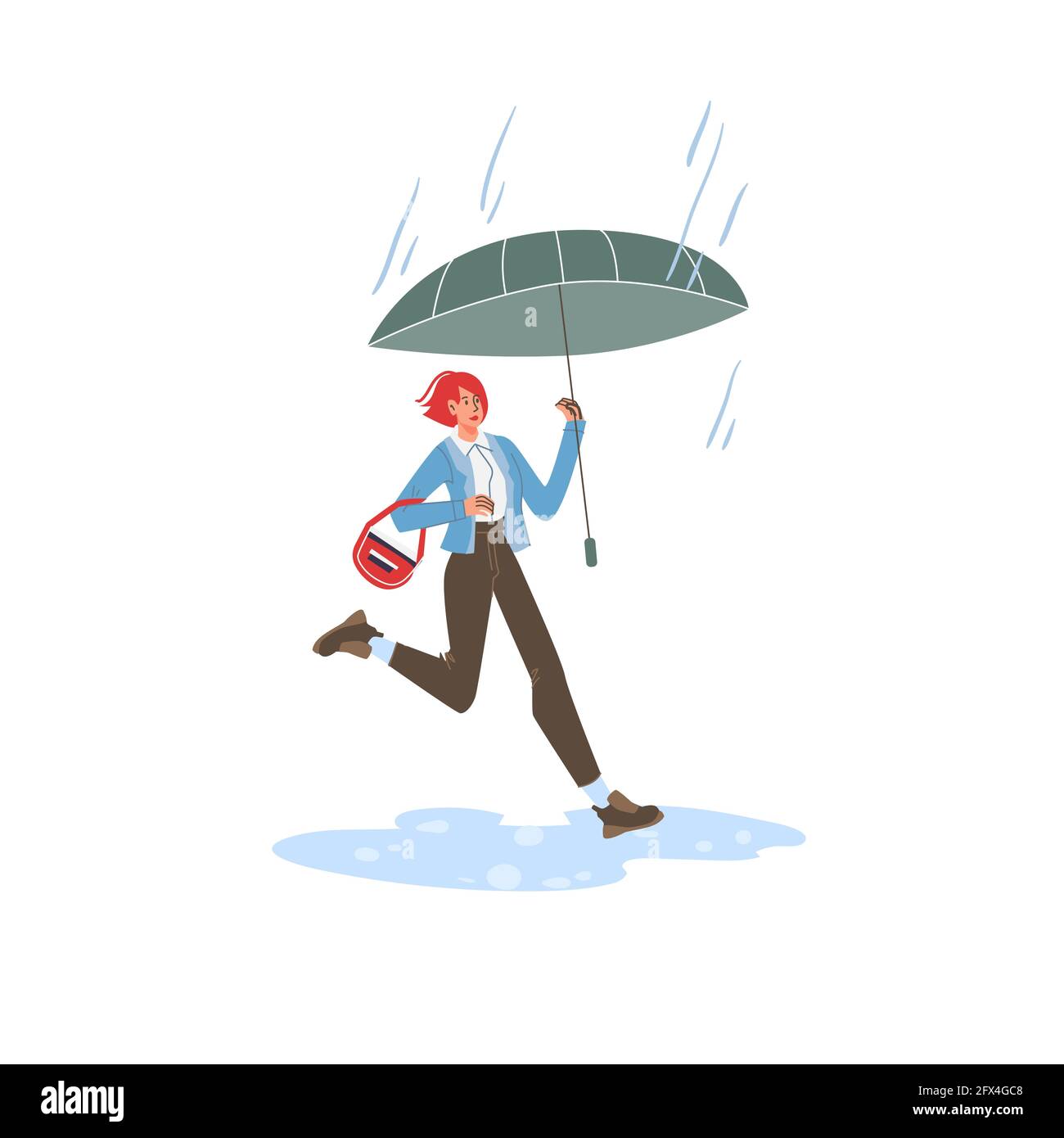 Personaggio cartoon piatto in pioggia, stagione autunnale concetto di illustrazione vettoriale Illustrazione Vettoriale
