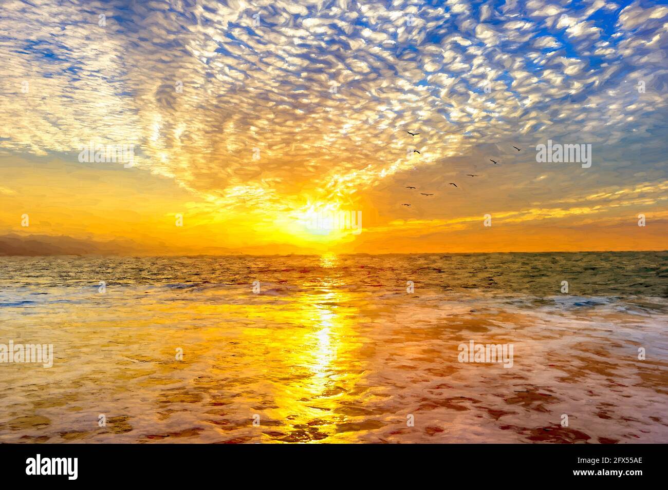 Gli uccelli stanno volando in UN paesaggio nuvoloso colorato e dettagliato del tramonto sull'oceano Come un'onda dolce rotola al Seashore in Illustrazione Formato pittura Foto Stock