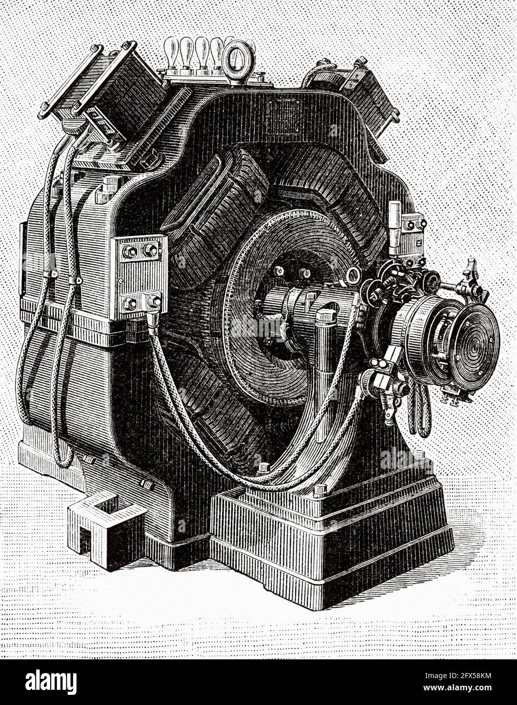 Trasformatore rotante visto dal lato di uscita CA. Antica illustrazione del XIX secolo incisa da la Nature 1893 Foto Stock