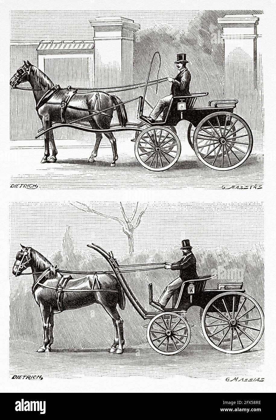 Cavallo scaricato nella sua corsa e tenuto in redini dal cocchiere e cavallo scaricato in gara, dalle barelle, e tenuto in redini dal cocchiere, Europa. Antica illustrazione del XIX secolo incisa da la Nature 1893 Foto Stock