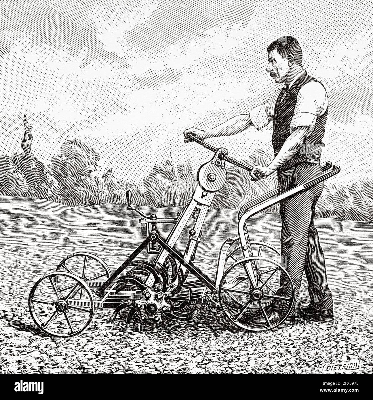 Raccoglitrice meccanica Galland e Granjon. Antica illustrazione del XIX secolo incisa da la Nature 1893 Foto Stock