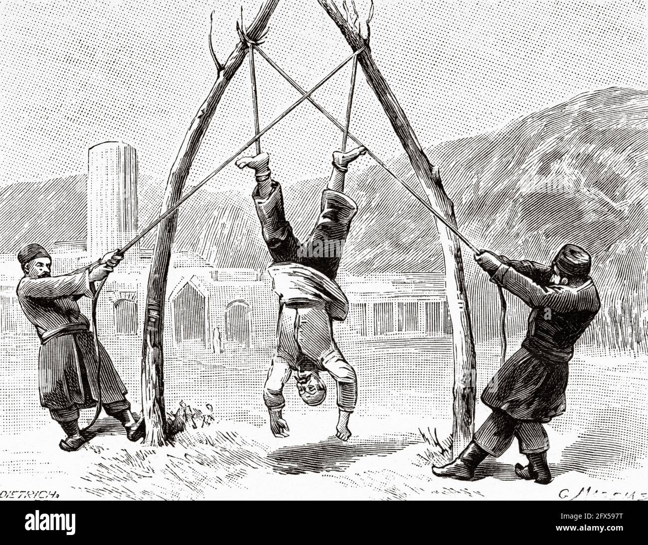Tortura di quartering in Persia. Antica illustrazione del XIX secolo incisa da la Nature 1893 Foto Stock
