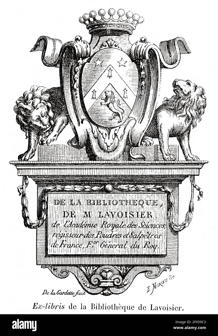 Ex libris della biblioteca Lavoisier, Francia. Antica illustrazione del XIX secolo incisa da la Nature 1893 Foto Stock
