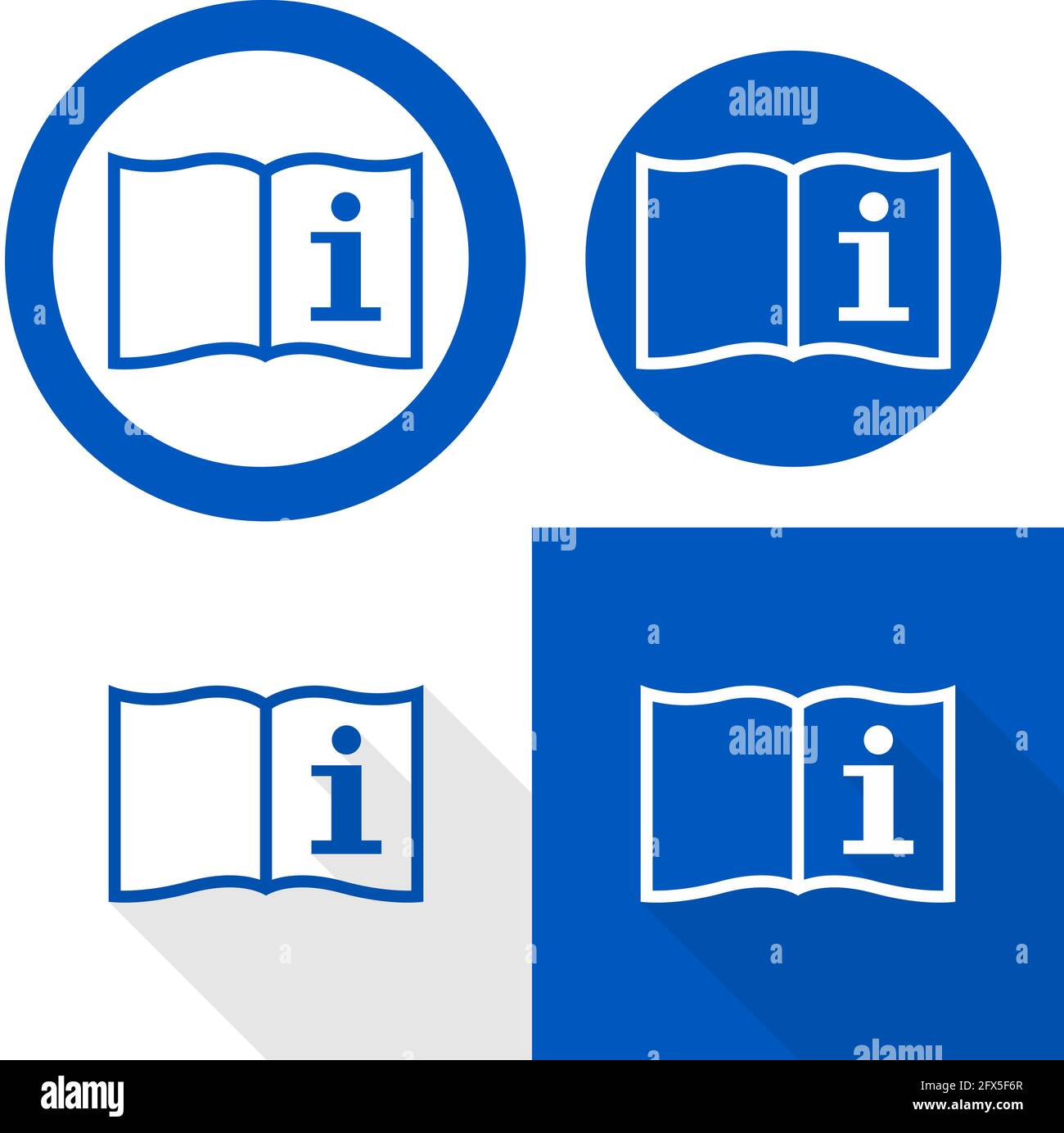 Fare riferimento al cartello del manuale di istruzioni. Illustrazione vettoriale del segno blu circolare con libro aperto e segno informativo. Leggere il libretto di istruzioni prima di iniziare Illustrazione Vettoriale