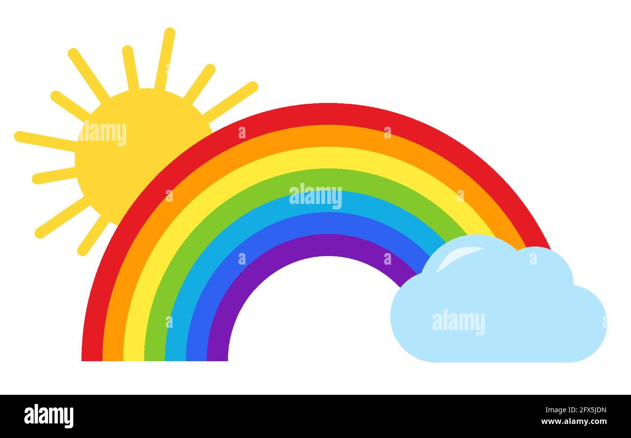 Ideale per tessuti, tessuti. Arcobaleno con sole e nuvola blu illustrazione vettore piatto. Orgoglio, stile lgbt. Stampa per una t-shirt. Logo per l'azienda. Banner per la pubblicità Illustrazione Vettoriale