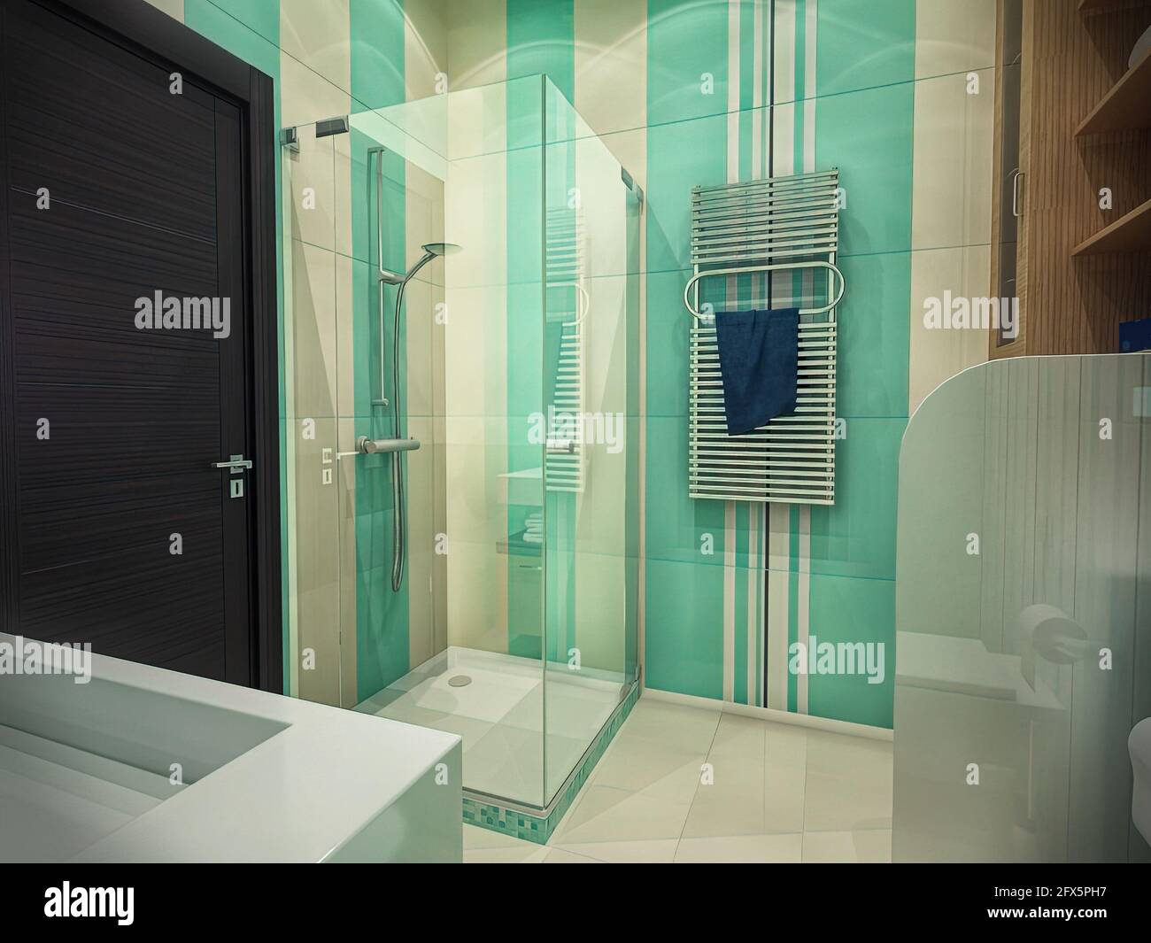 illustrazione 3d del design interno di un bagno con doccia. Concetto di stanza da bagno in colori menta Foto Stock
