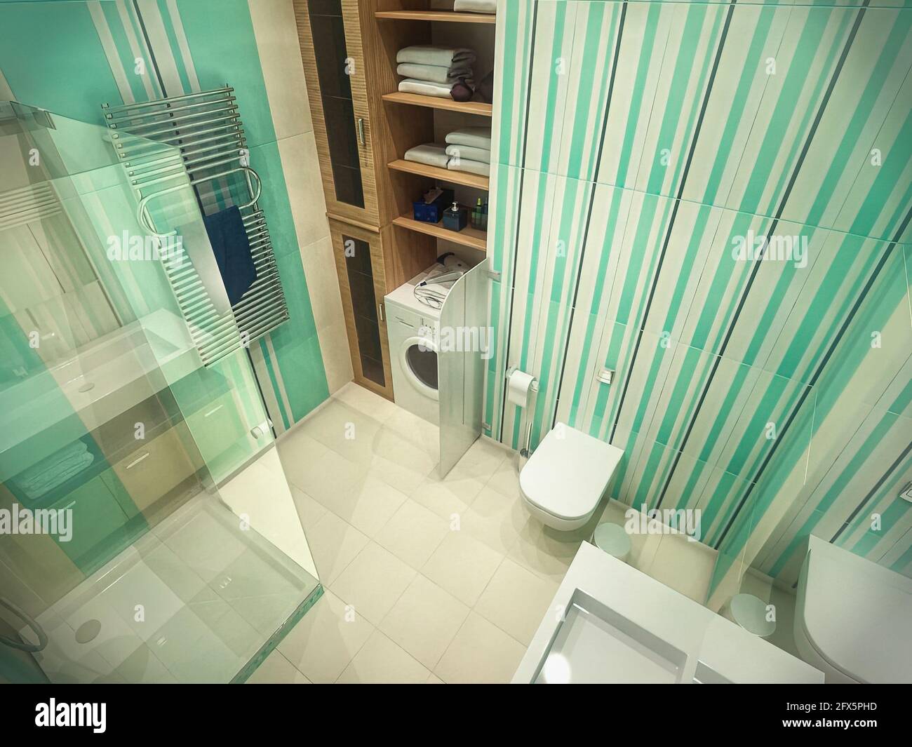 illustrazione 3d del design interno di un bagno con doccia. Concetto di stanza da bagno in colori menta Foto Stock