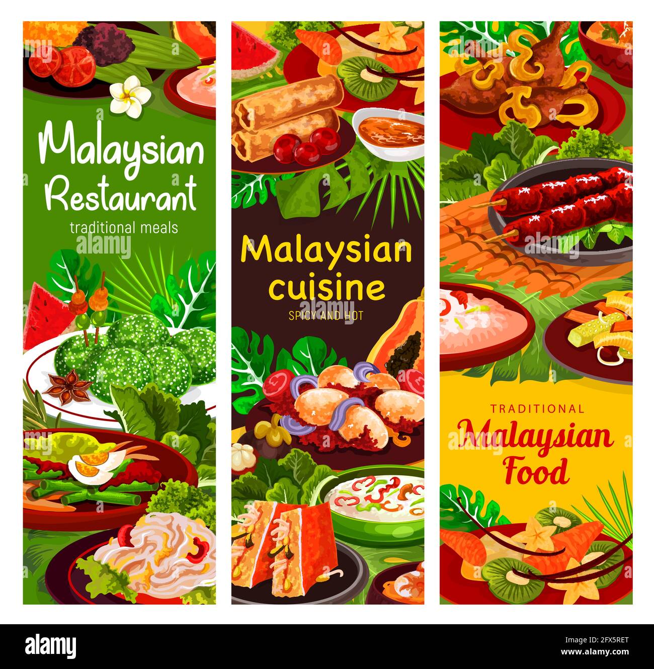 Striscioni della cucina malese di verdure vettoriali, carne e frutti di mare con dessert di riso. Involtini primaverili di gamberi, curry d'uovo e rendang di manzo, insalata di verdure, Illustrazione Vettoriale