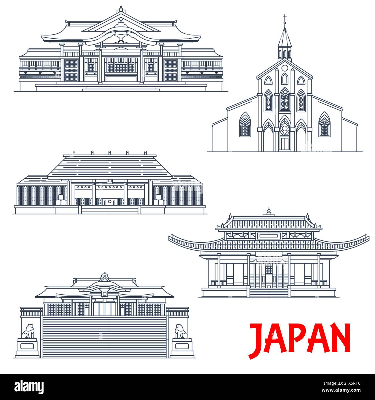 Templi giapponesi, architettura giapponese, monumenti ed edifici pagoda, vettore. Giappone viaggi e santuari buddisti, Amo Iwato a Miyazaki, tempio di Suwa Illustrazione Vettoriale