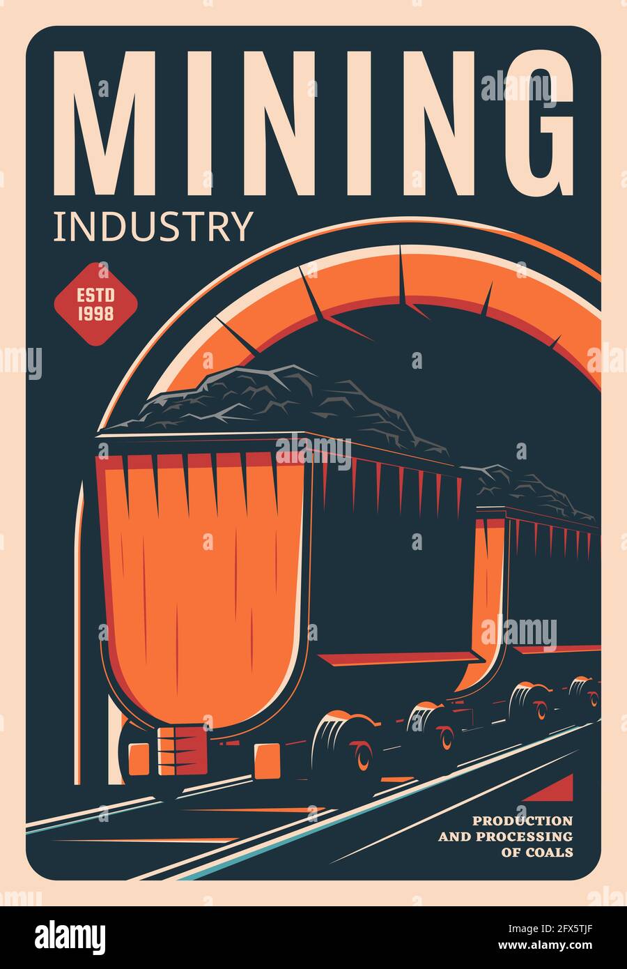 Poster retrò dell'industria mineraria, scheda vintage vettoriale con carrello per miniera su rotaie. Attrezzatura minatore, carrello ferroviario con risorsa minerale fossile. Minecart in Illustrazione Vettoriale