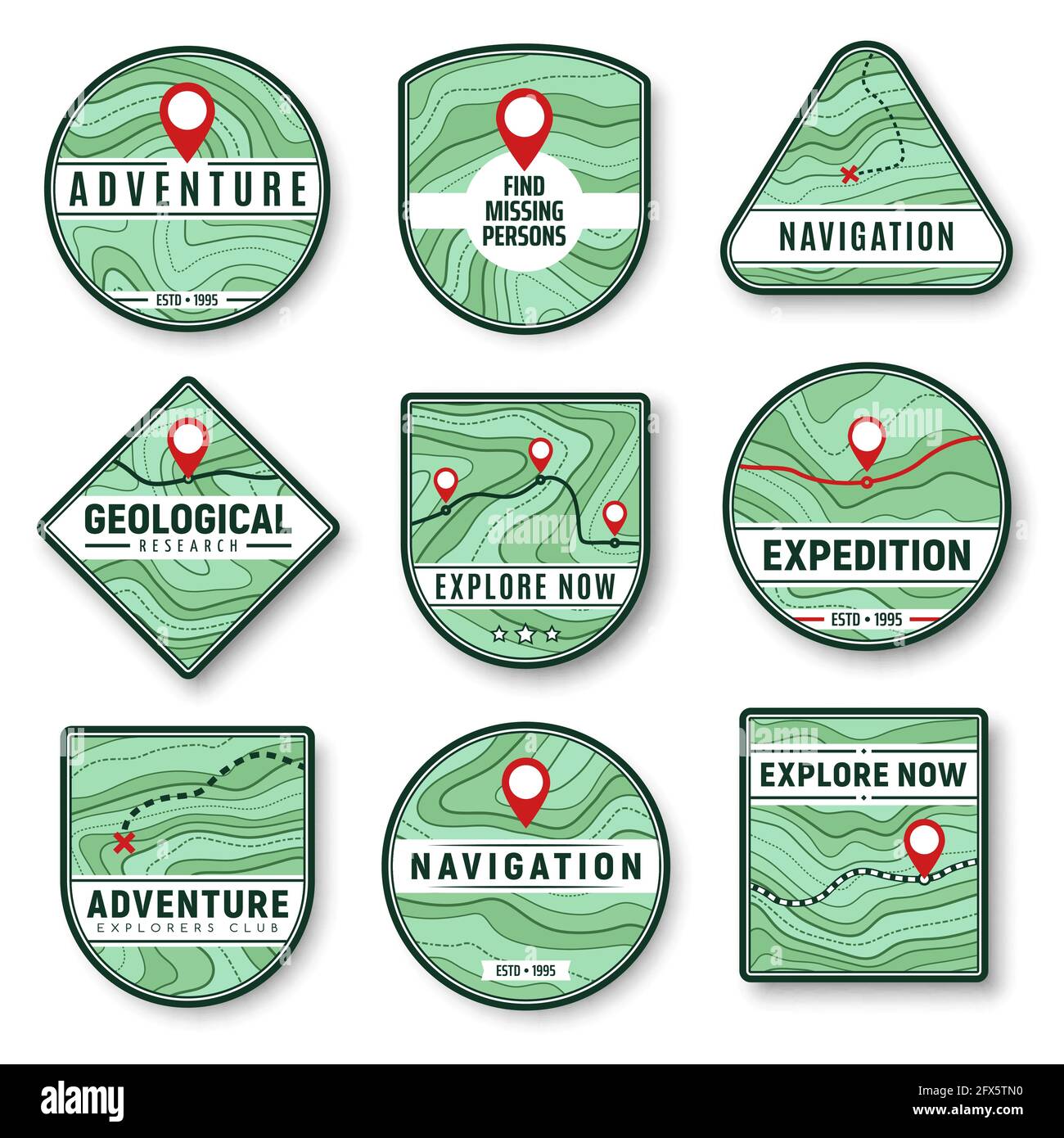 Topografia e navigazione icone vettoriali isolate con mappa topografica, puntatori di navigazione, strada, autostrada e ferrovia, percorso, simboli di percorso e croce. Illustrazione Vettoriale