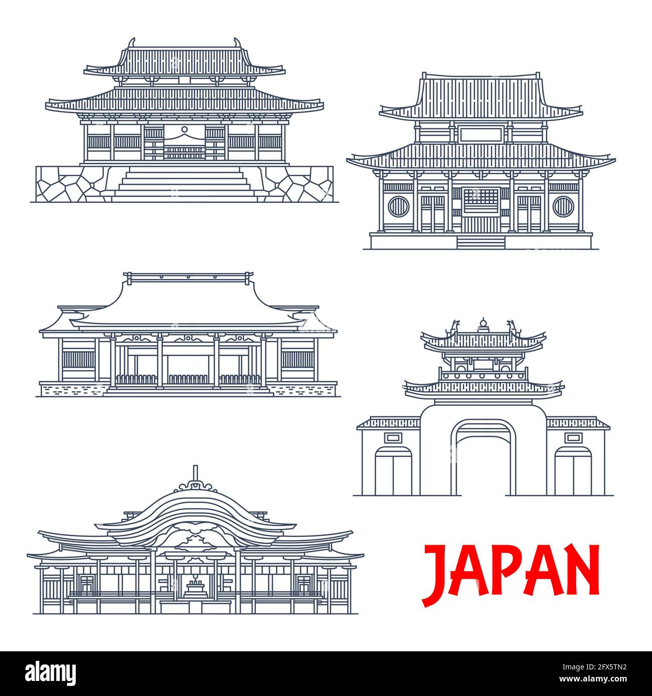 Viaggi in Giappone, templi di architettura giapponese, pagode e cancelli, edifici vettoriali di riferimento. Santuari giapponesi a Osaka, Fukuoka e nella prefettura di Nagasaki, Illustrazione Vettoriale