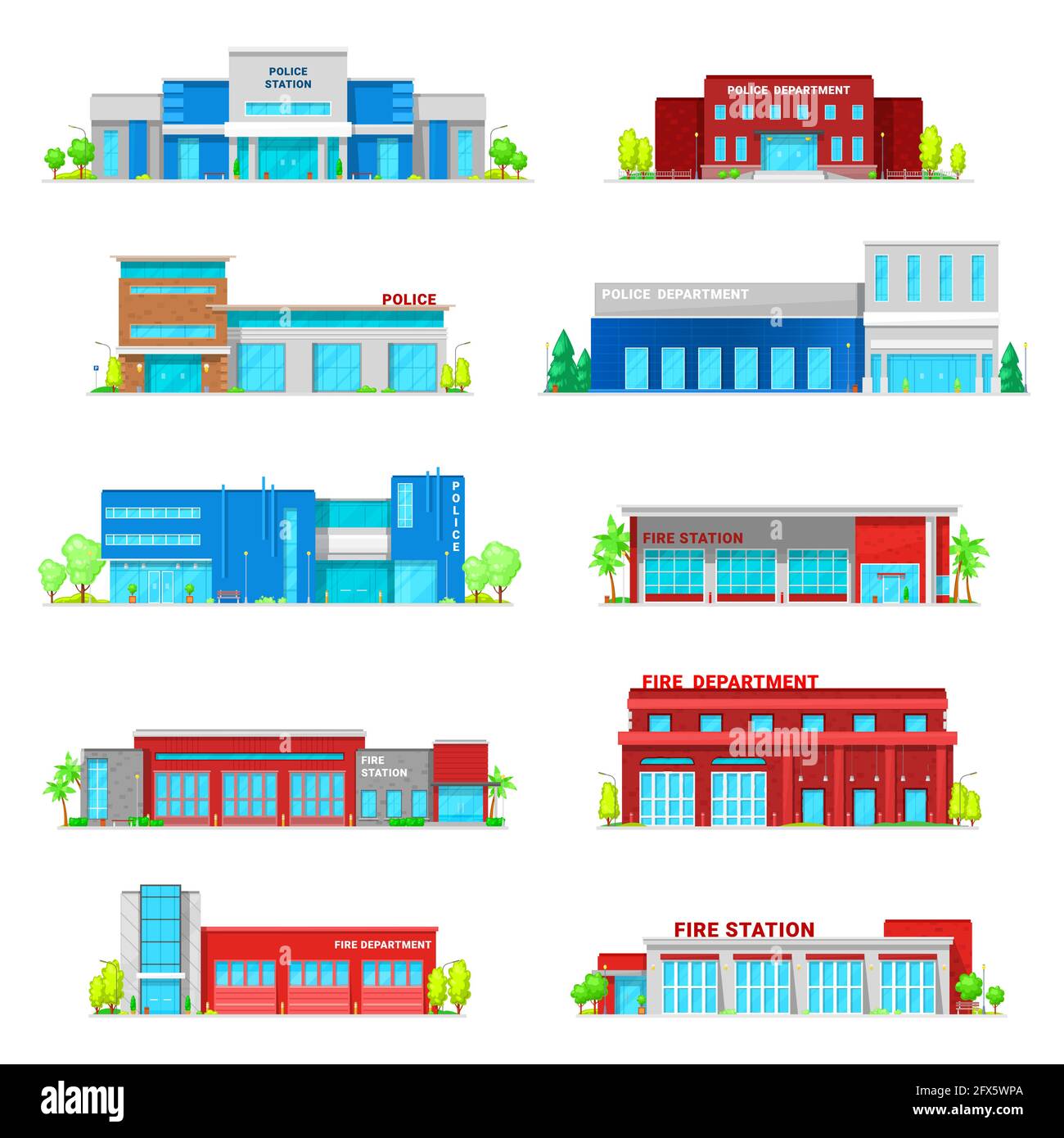 Icone di costruzione del reparto di polizia e della stazione dei vigili del fuoco. Vector istituzioni ufficiali architettura, enti governativi servizi di emergenza facciate casa. Illustrazione Vettoriale