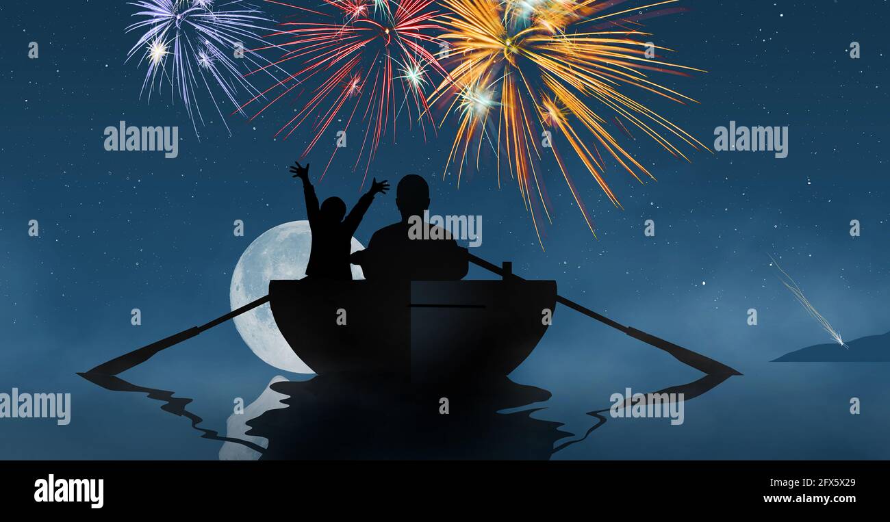 Un padre e un figlio osservano un'esposizione dei fuochi d'artificio dalla loro barca a remi su un lago in questa illustrazione 3-d circa il 4 luglio e gli spettacoli dei fuochi d'artificio. Foto Stock