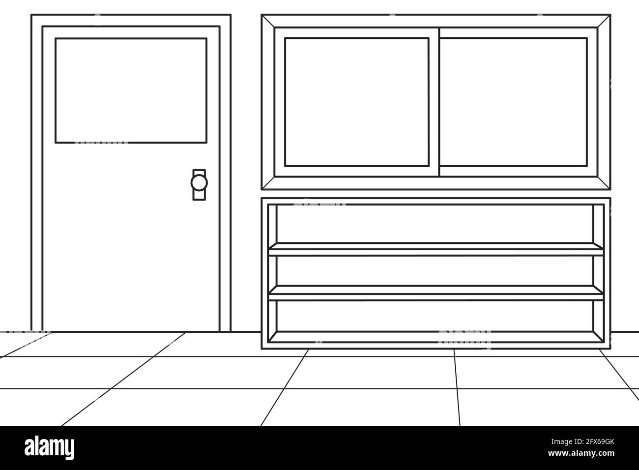 Empty School Hallway sfondo durante Pandemic. Libro da colorare. Illustrazione vettoriale. Illustrazione Vettoriale