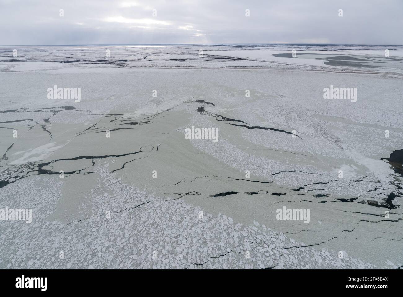 Vista di Hudson Bay, oceano artico da un elicottero, aereo, vista dall'alto in autunno con paesaggio bianco, nevoso, ghiacciato. Foto Stock