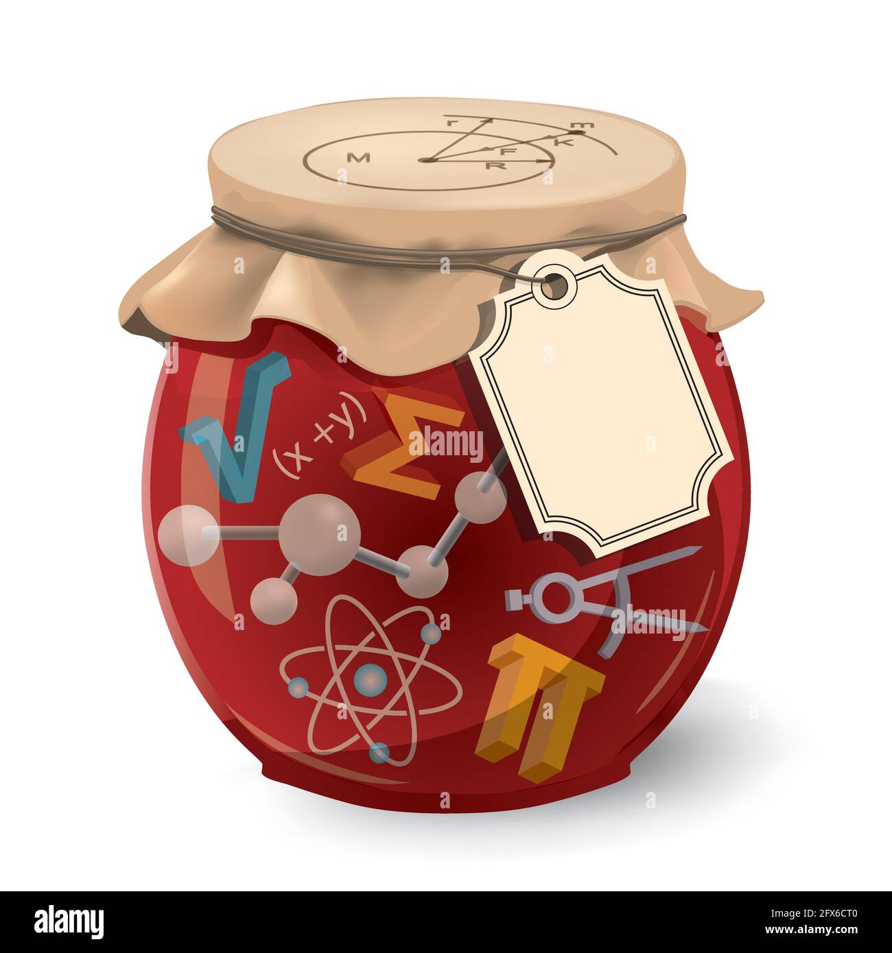 La scienza è la mia marmellata. Divertente concetto vintage. Illustrazione del vaso di vetro di jam con simboli 3d matematici e fisici ed etichetta con il posto per il vostro testo. Illustrazione Vettoriale
