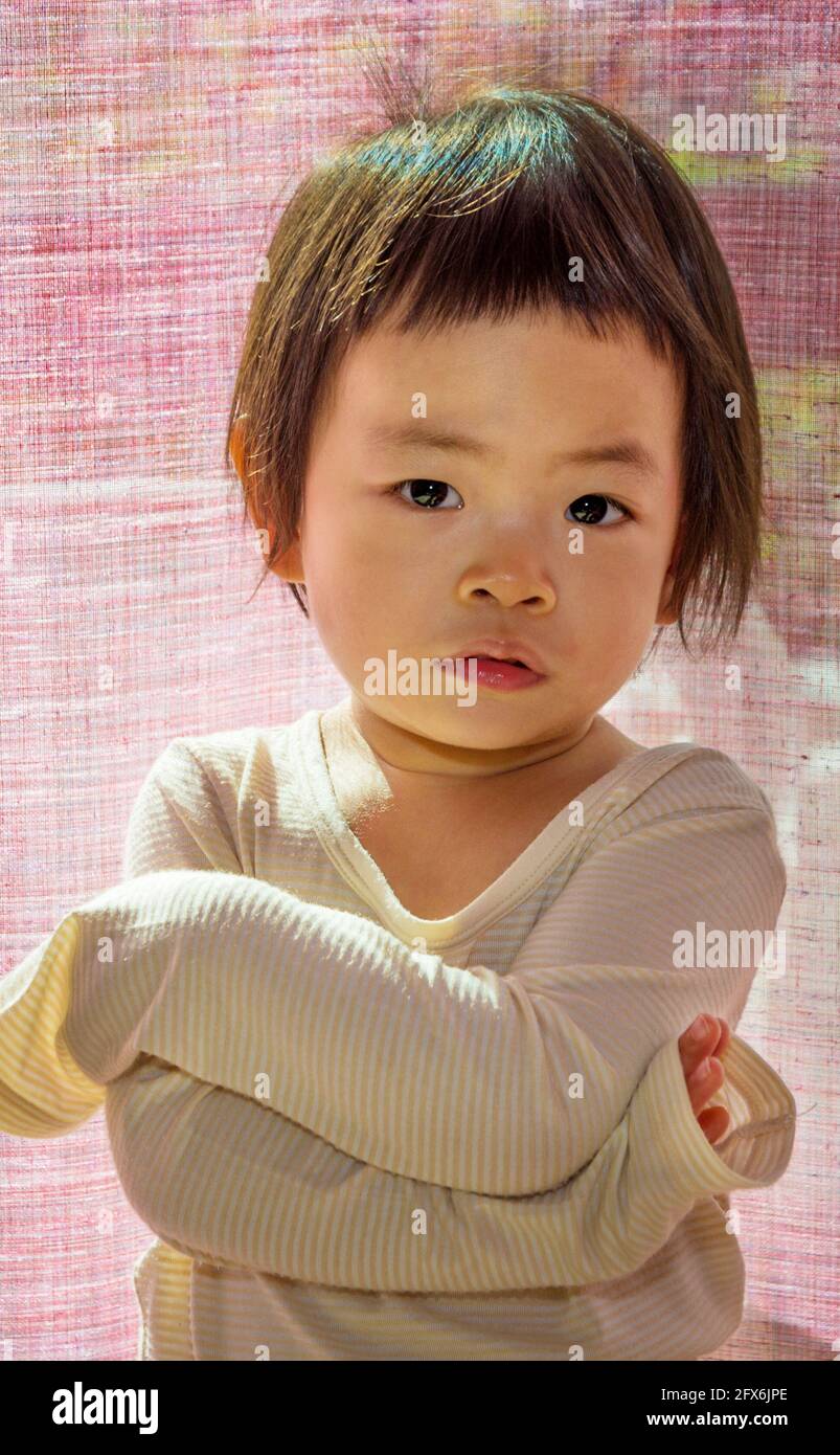 Ritratto cute capelli corti ragazza toddle asiatica con le braccia croce sul petto, in piedi di fronte alla tenda, luce del giorno brillante da dietro, occhi che guardano ca Foto Stock