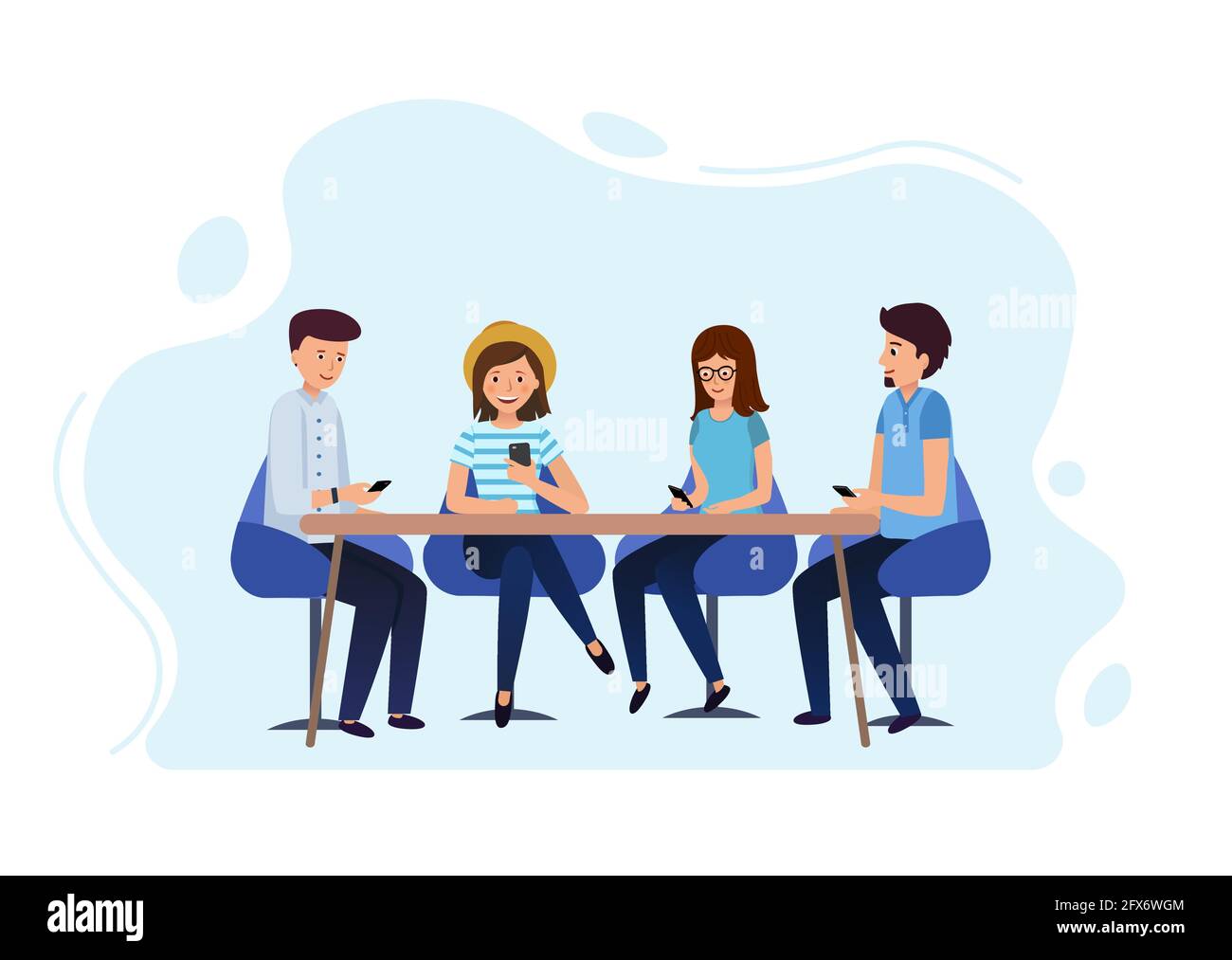 Gruppo di riunione persone. I giovani seduti al bar, chiacchierando e guardando gli smartphone. Comunicano con i telefoni. Illustrazione vettoriale in piano Illustrazione Vettoriale