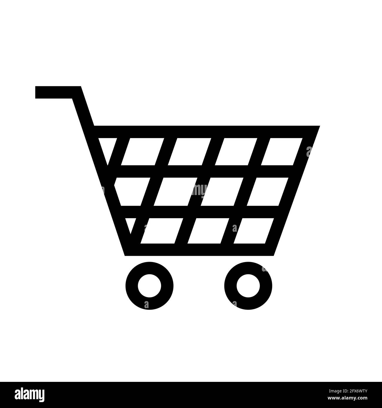 Carrello per cestino di alimentari su ruote. Icona dello shopping nel supermercato o online. Illustrazione isolata in bianco e nero Foto Stock