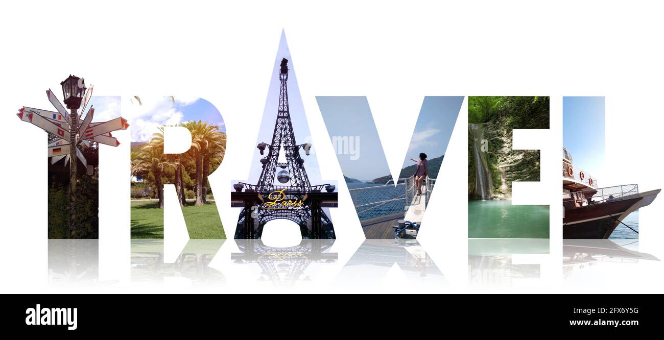 Viaggi. Collage di bei luoghi del mondo con riflessione sul bianco Foto Stock