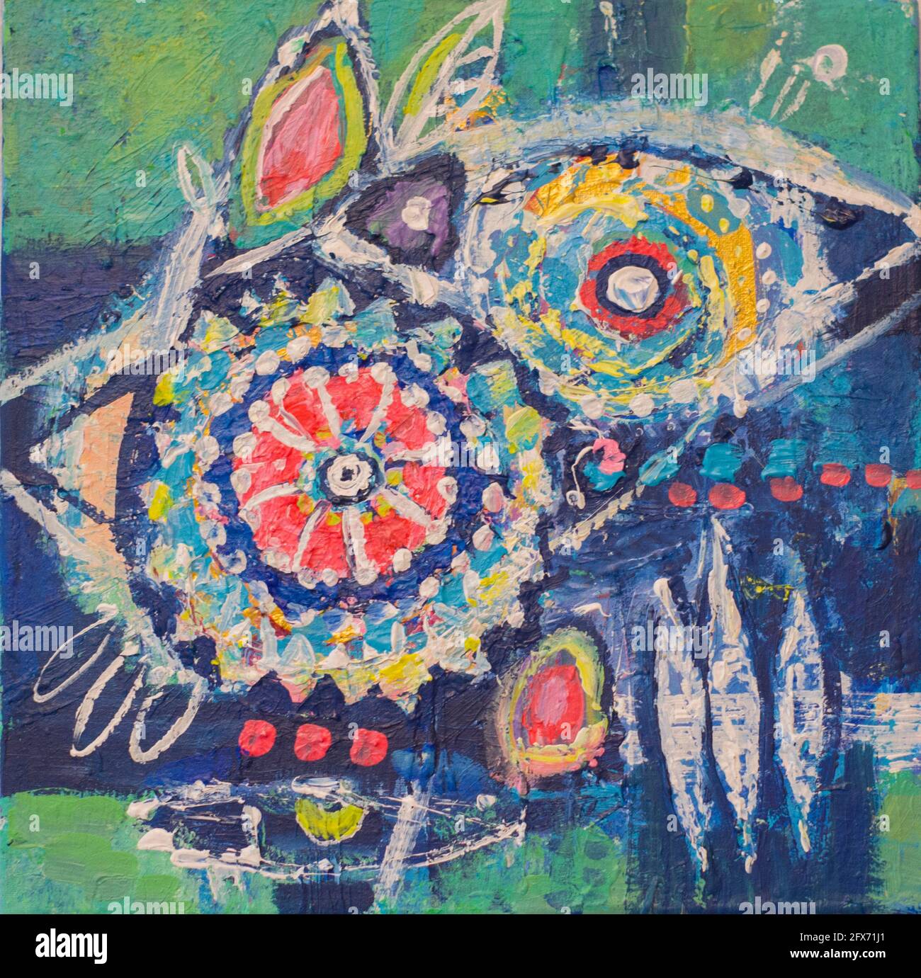 Disegnata a mano di pittura acrilica. L'arte astratta sfondo. Pittura Acrilica su tela di canapa. Colore e struttura. Frammento di opere d'arte. Pennellate di vernice. Foto Stock