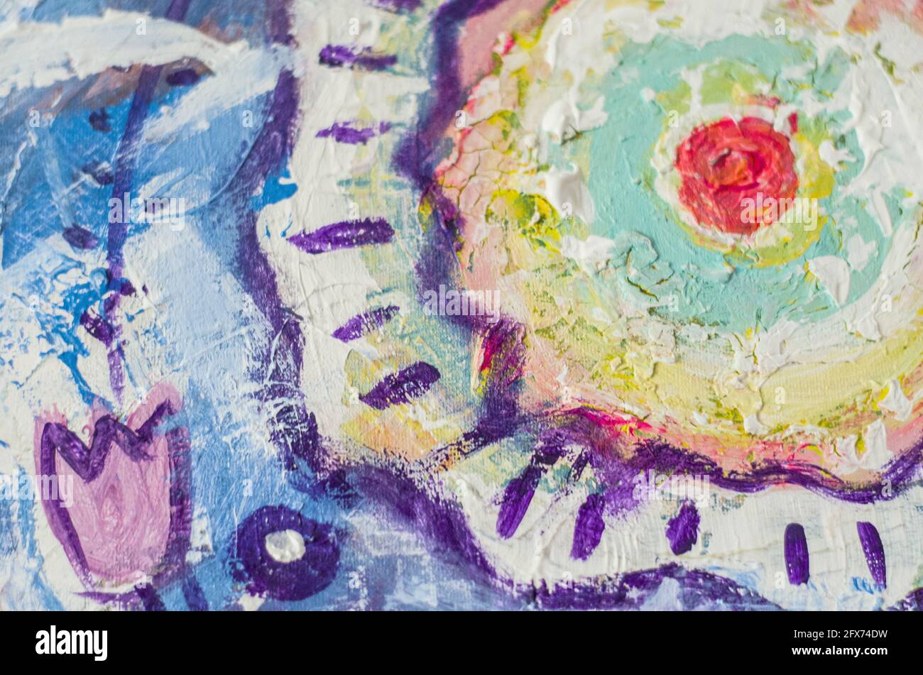 Disegnata a mano di pittura acrilica. L'arte astratta sfondo. Pittura Acrilica su tela di canapa. Colore e struttura. Frammento di opere d'arte. Pennellate di vernice. Ar moderno Foto Stock