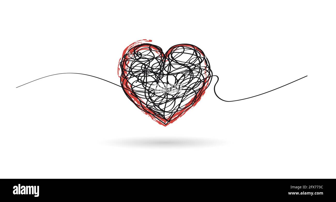 Logo vettoriale Scribble di una scopa di lana, forma del cuore. Concetto d'amore complicato Illustrazione Vettoriale