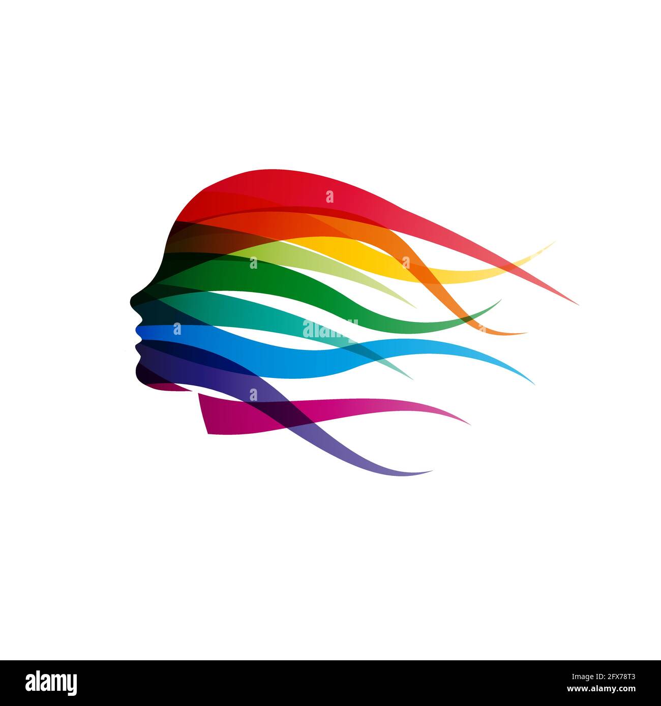Vector logo ragazza con capelli ondulati nel vento. Testa donna astratta in colori arcobaleno Illustrazione Vettoriale