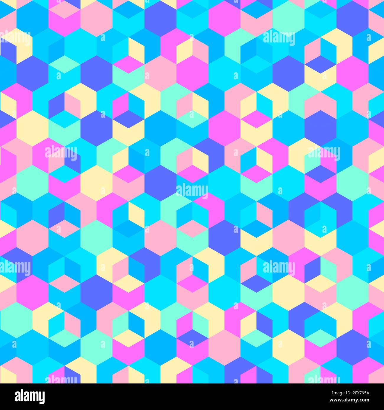 Sfondo geometrico astratto con esagoni, colori brillanti al neon anni '80. Motivo vettoriale senza giunture, colori rosa pastello, blu, giallo Illustrazione Vettoriale