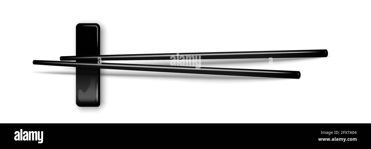 Le bacchette nere sono piatte e sono isolate su sfondo bianco. Coppia di bastoncini di sushi. Accessori da cucina asiatici vettoriali realistici Illustrazione Vettoriale